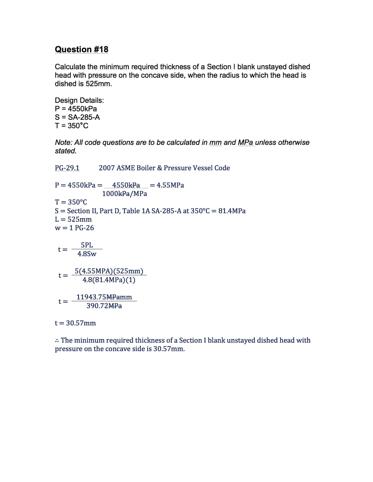 Determine The Thickness Of A Blank, Unstayed Dished Head - 2A1 Solution #18