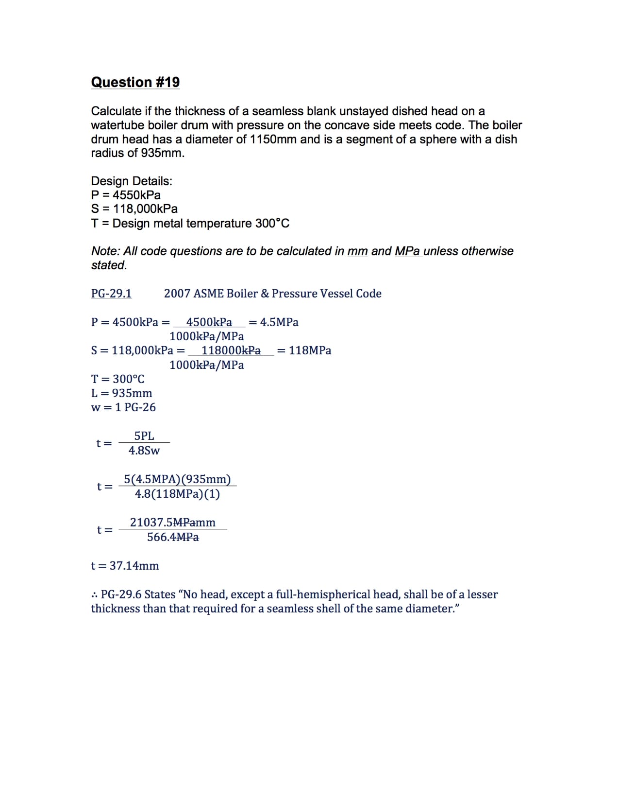 Determine The Thickness Of A Blank, Unstayed Dished Head - 2A1 Solution #19 Part #1