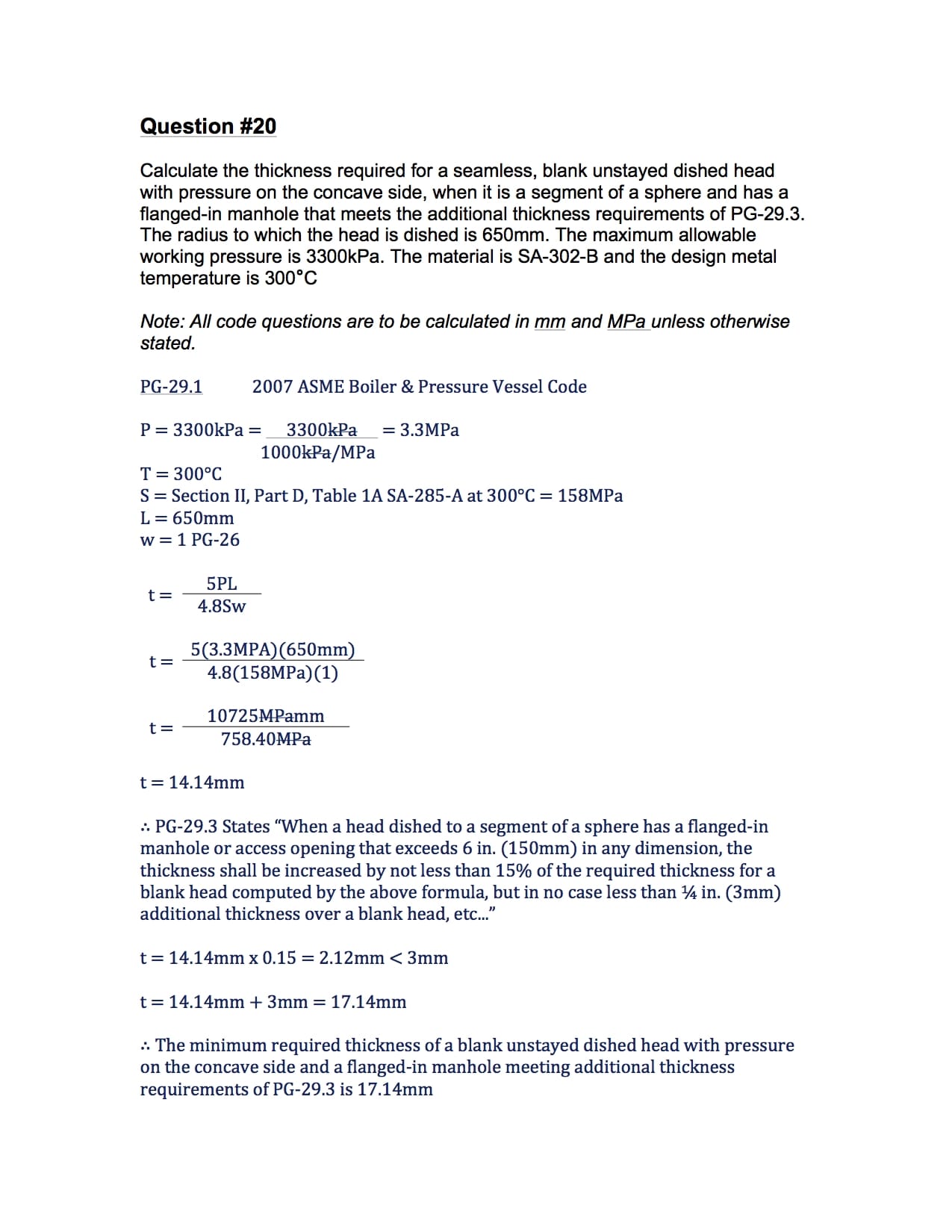 Determine The Thickness Of A Blank, Unstayed Dished Head - 2A1 Solution #20