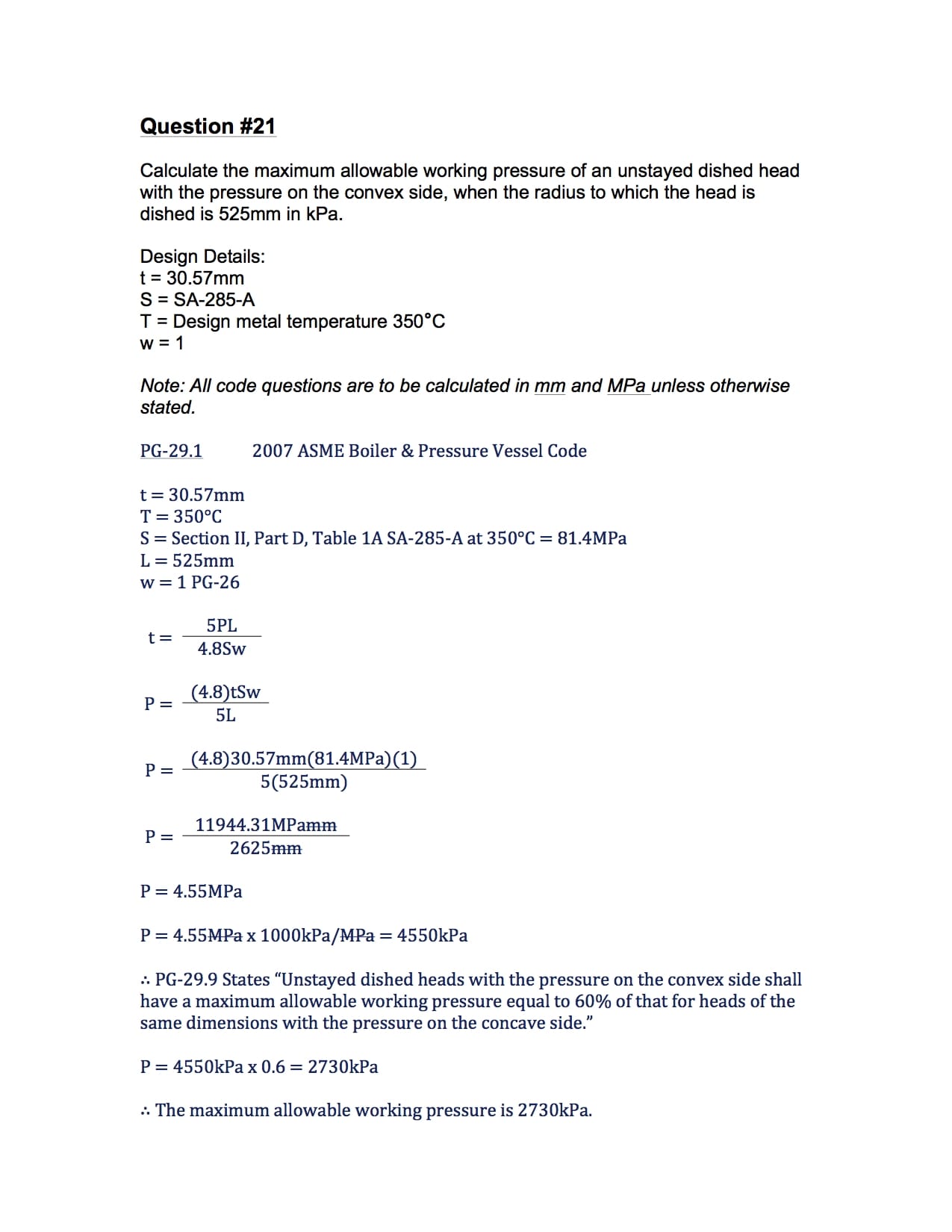 Determine The Thickness Of A Blank, Unstayed Dished Head - 2A1 Solution #21
