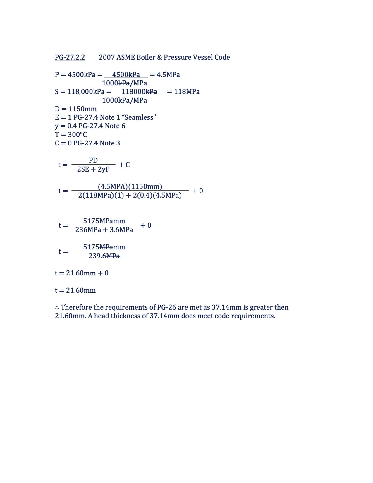 Determine The Thickness Of A Blank, Unstayed Dished Head - 2A1 Solution #19 Part #2