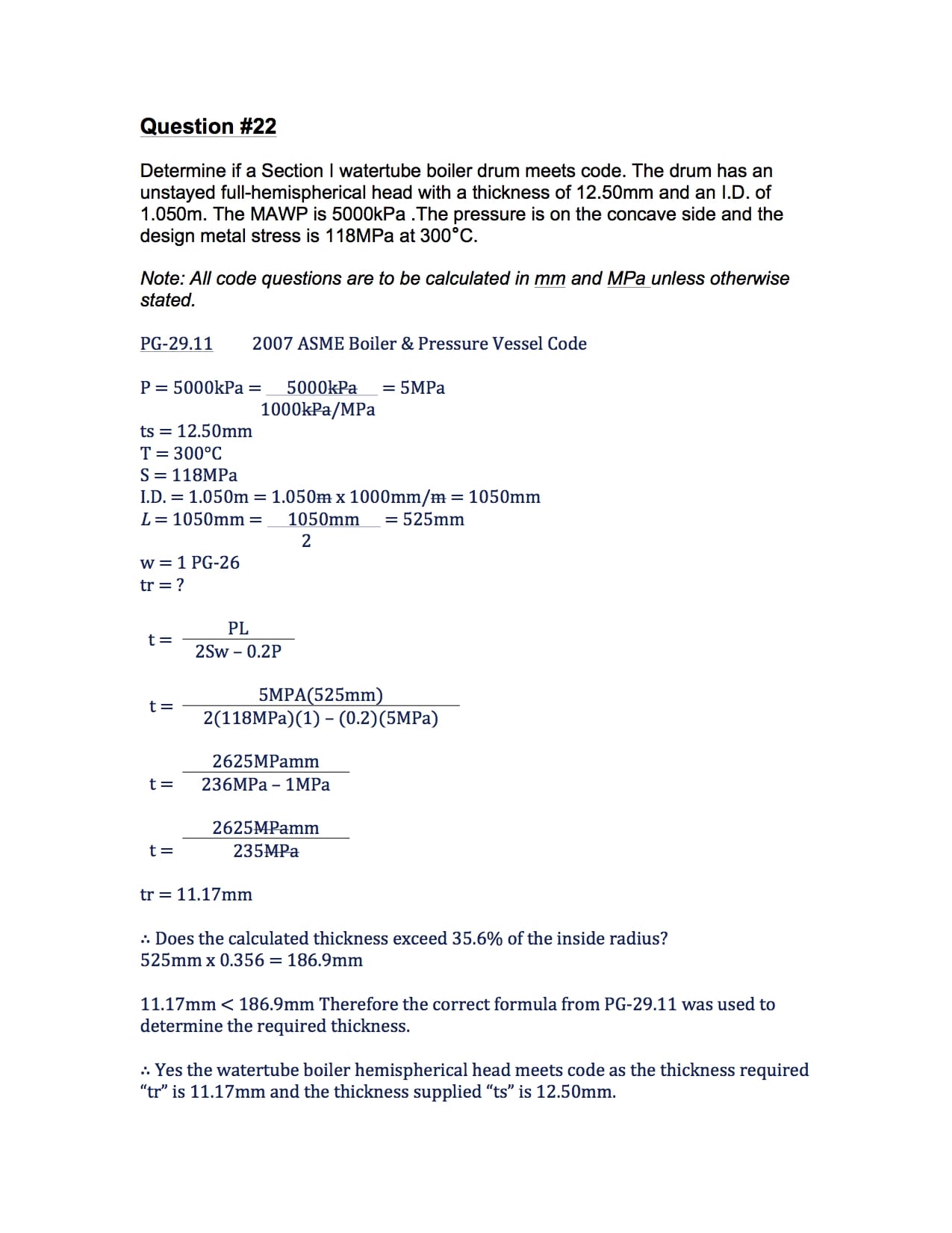 Determine The Thickness Of A Blank Unstayed Full-Hemispherical Head - 2A1 Solution #22