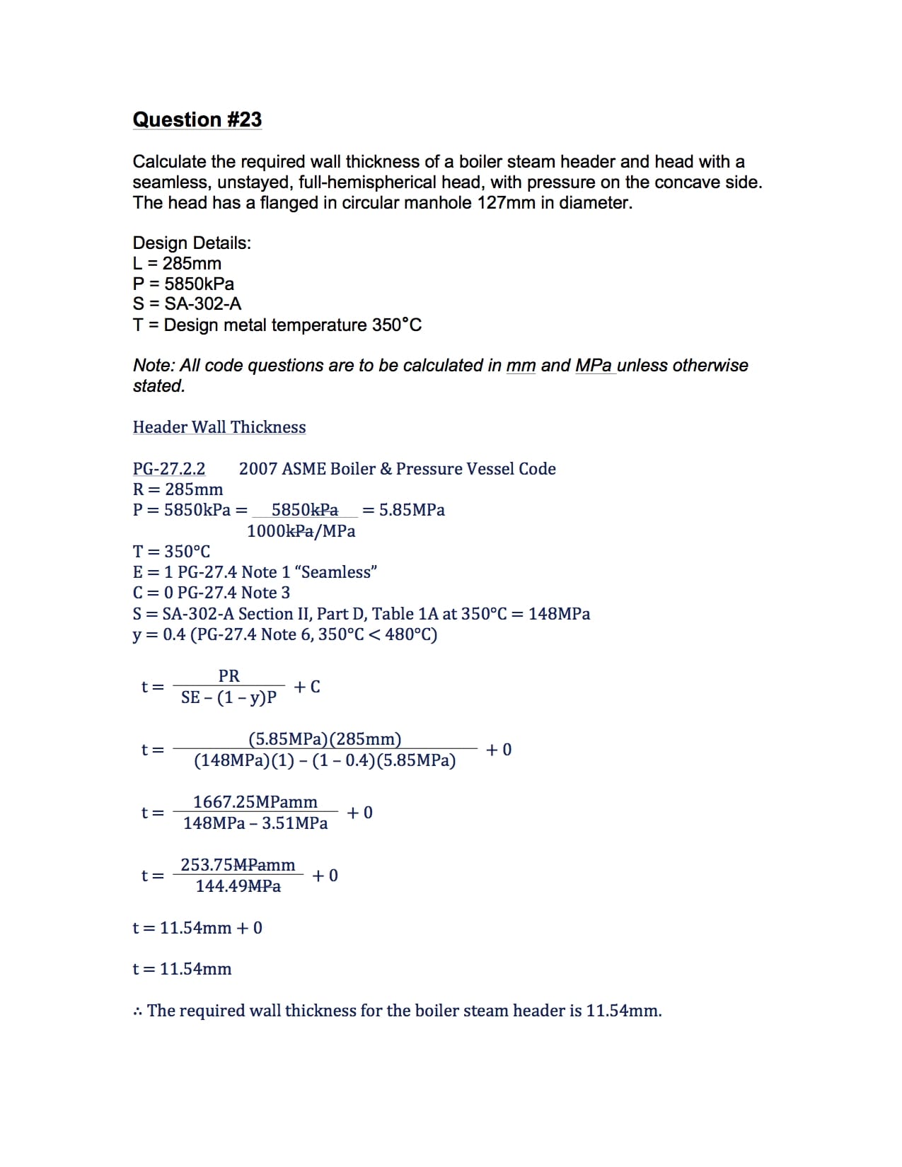 Determine The Thickness Of A Blank Unstayed Full-Hemispherical Head - 2A1 Solution #23 Part (1/3)