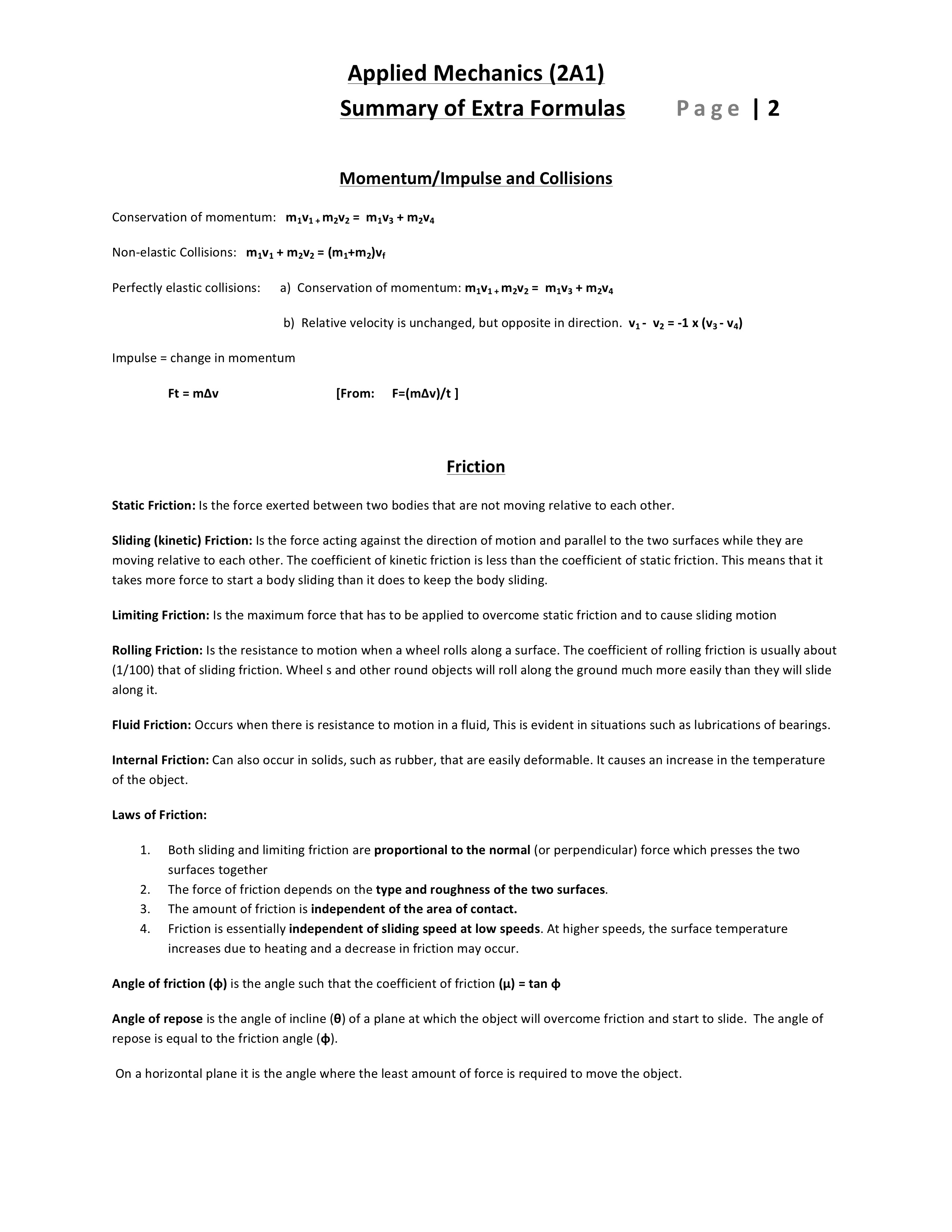 2A1 Summary Of Extra Mechanics Formulas Part (2/5)